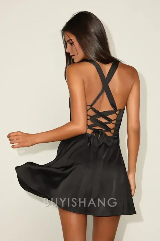 Buyishang Elegant Homecoming Dresses Admirably Chic Black Satin Lace-Up Mini Dress short for women